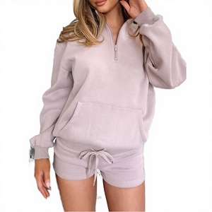 Ensemble deux pièces décontracté d'été pour femme, motif uni, fermeture éclair, col montant, tissu en mélange de coton doux, séchage rapide - Product Image 1
