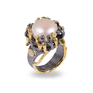 Perfect Vintage Baroque Button Pearl 925 Sterling Silver <b>Black</b> Wedding & Engagement <b>Ring</b> - Product Image 1