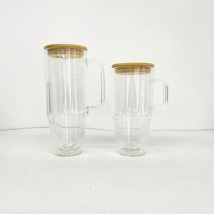 Sublimation Customizable Clear Travel <b>Mug</b> Cup Handle 32Oz 40Oz <b>Double</b> <b>Wall</b> Pre-Drilled Glass Tumbler With Lid and Straw - Product Image 2