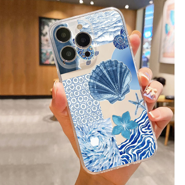 Sea Wave Shell Starfish Flower Printing Transparent Soft TPU Mobile Phone Cover Case for Iphone 11 12 13 14 15 16 17 Pro Max Air