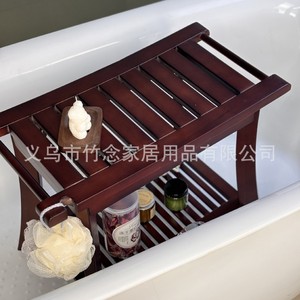 Étagère de salle de bain, tabouret de douche 60x30x45cm, en bois massif, multifonctionnel avec étagère de rangement, rouge vin, marron - Product Image 4