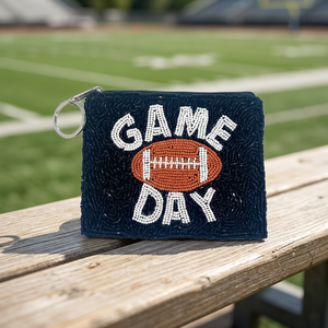 Jaunty Game Day <b>Football</b> Sewn Beaded Coin Purse Zipper Pouch <b>Canvas</b> Keychain Wallet Sport Style Mixed Colors Square Shape - Product Image 3