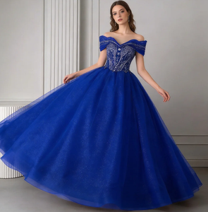 Elegante <span class=keywords><strong>Abito</strong></span> da Quinceañera con Spalle Scoperte, Gonna <span class=keywords><strong>in</strong></span> <span class=keywords><strong>Tulle</strong></span> con Perline, Vestito da Ballo <span class=keywords><strong>Lungo</strong></span> fino al Pavimento - Product Image 1