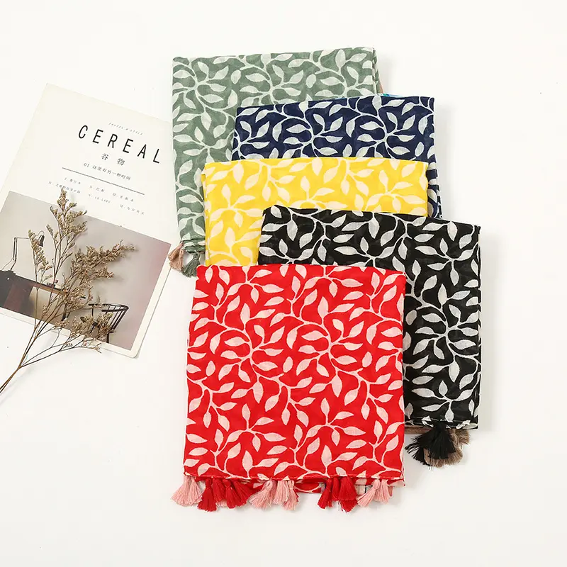 Новый мягкий корейский хлопковый льняной ручной шарф с изображением виноградных листьев модная шаль с принтом мусульманский свисающий шарф с цветочным принтом и бородой