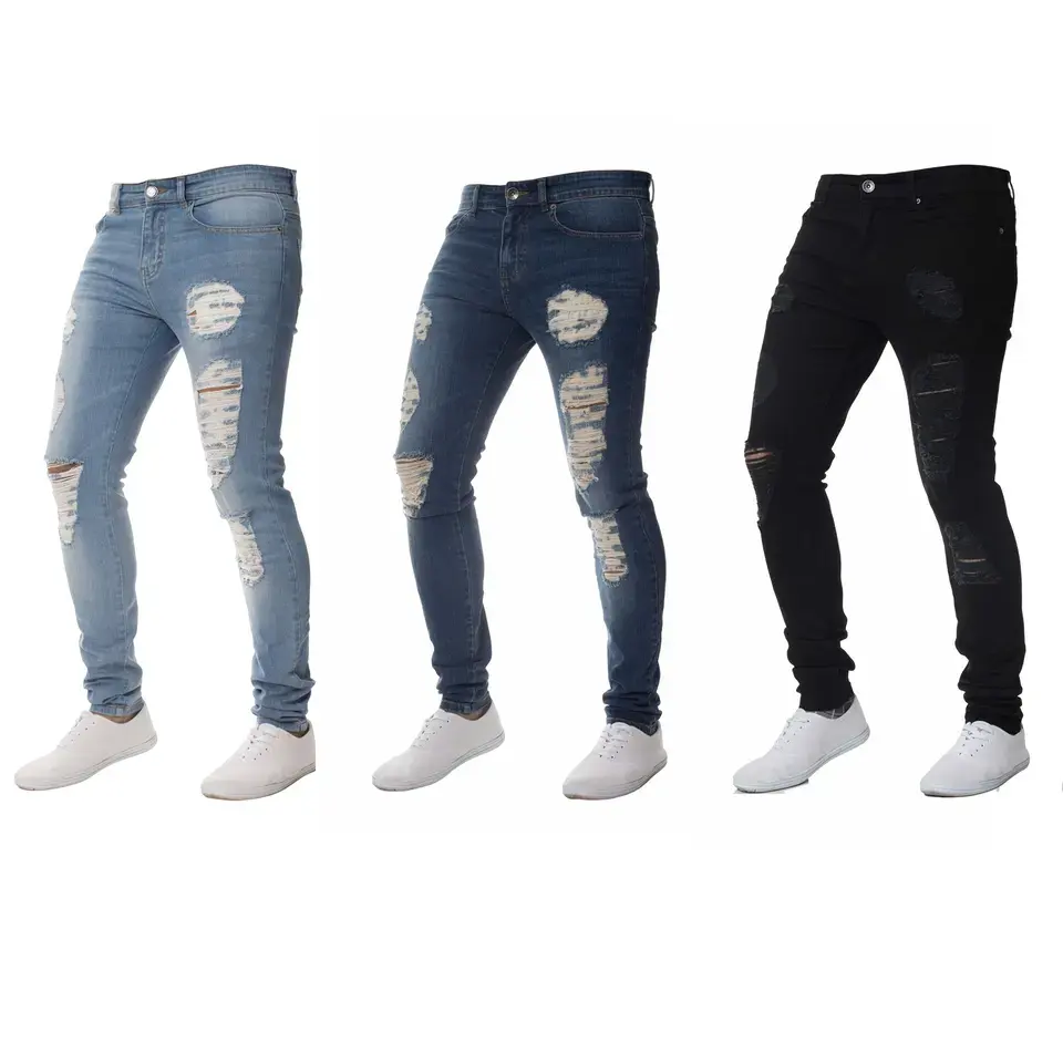 Индивидуальные мужские однотонные прямые джинсы, новые перфорированные брюки с вышивкой, эластичная джинсовая ткань