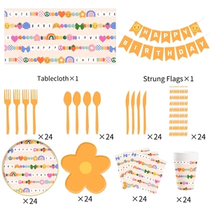 DAMAI Floral Kids Happy Birthday Party Supplies Girls Rainbow Orange Flower Shape <b>Disposable</b> <b>Tableware</b> Paper Napkins Cups Plates - Product Image 5