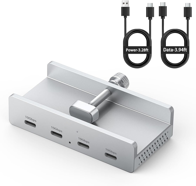 10Gbps USB 3.2 Hub, 4-Port Aluminum USB C Hub with Clamp Mount, Powered USB Splitter for Monitor/Desk, Dual Long Cables for