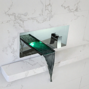 Grifo de Lavabo para Baño con Cambio de Color RGB, Doble Manija, Agua Fría y Caliente, de Latón y Cerámica, Moderno, Montado <span class=keywords><strong>en</strong></span> la Pared, con Cascada LED, para Dormitorio - Product Image 1