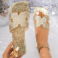Sandales plates à paillettes tendance pour femme, motif léopard découpé en H, bout ouvert, semelle en caoutchouc, décontractées pour l'extérieur