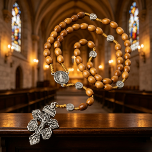 Rosario de Madera con Cuentas, Cruz de Plata, Crucifijo INRI, Joyería Religiosa Católica Cristiana, Unisex, Hecho a Mano, Estilo Antiguo - Product Image 3