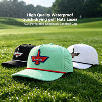 Casquette de golf imperméable à 5 panneaux avec perforations découpées au laser, patch en caoutchouc PVC personnalisé avec logo brodé et cordon, casquettes de baseball