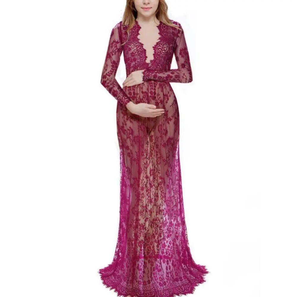 OEM elegant casual designer wear pregnant women clothes lace floral long sleeve maxi maternity photoshoot dresses