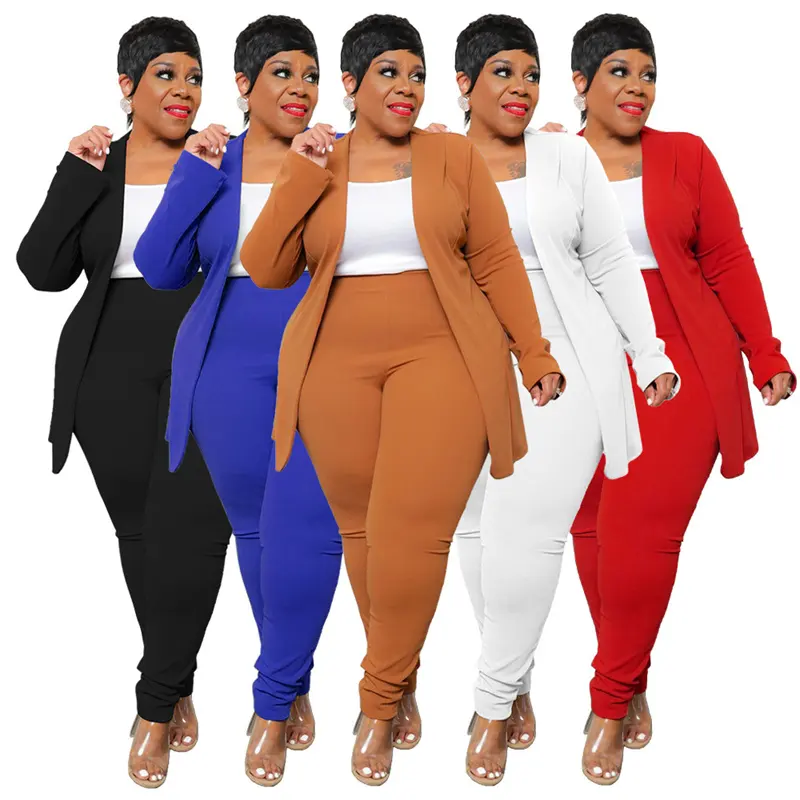 नई आगमन महिलाओं रंगीन जाकेट 2 टुकड़ा प्लस आकार महिलाओं के आकस्मिक ब्लेज़र पैंट सेट कार्यालय पहनने से अधिक आकार के रंगीन जाकेट सूट दो टुकड़ा सेट