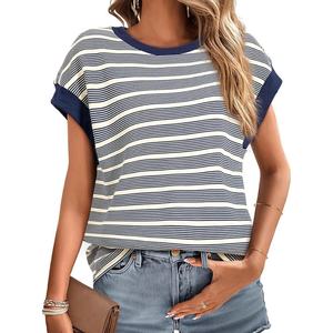 Camiseta de punto a rayas de manga corta para mujer, personalizada, informal, con cuello redondo, holgada, a la moda, para primavera - Product Image 4