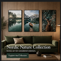 Triptyque mural en cristal Paysage nordique : Cerf, Montagne, Lac – Impressions de nature pour salon, hôtel, intérieurs modernes