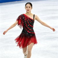 Robe de patinage artistique noire et rouge à volants asymétriques avec strass pour filles et femmes adultes