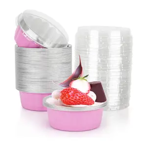 Одноразовые розовые чашки Ramekins с крышками, алюминиевые чашки 8 унций для выпечки, чашки из алюминиевой фольги, чашки для приготовления маффинов и капкейков крем-брюле