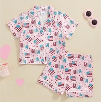 Ensemble pyjama rose avec drapeau américain pour enfants, filles et garçons, imprimé étoiles/fleurs, chemise à manches courtes, short à taille élastique