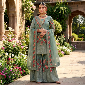 Conjunto indio-pakistaní verde con bordado floral, blusa, pantalón y dupatta de red, salwar kameez para mujer, ideal para bodas y fiestas. - Product Image 1