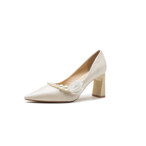 7777-1 <b>Satin</b> Comfort Bridal Pumps Pointed Toe Block Heel Pearl Bead Decor <b>Wedding</b> <b>Shoes</b> for Bride or Bridesmaid - Product Image 5
