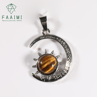 Collier Pendentif Lune en Pierre Naturelle, Bijoux en Pierres Précieuses : Améthyste, Quartz Rose, Œil de Tigre, Jaspe Rouge, Cristal, Pendentif Soleil
