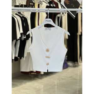 Fiori <b>Women's</b> <b>White</b> Knit <b>Vest</b> Crop <b>Top</b> V-Neck Sleeveless Soft Button Decorated Slim Fit - Product Image 1