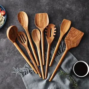Eco Friendly Cooking Tools Solid Spoon Slotted Spoon Pasta Server Spatula Olive Wood Kitchen Utensils