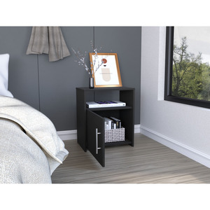 Nordico Nightstand One <b>Shelf</b> Single Door Cabinet Metal Handle Black Storage <b>Unit</b> Bedroom Furniture - Product Image 2