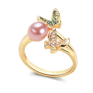 Anillo de Perlas de Agua Dulce de Zhuji con Diseño de Mariposa Doble Voladora, Estilo Simple y Moderno, Chapado en Cobre, Color Dorado, Venta al por Mayor - Product Image 5