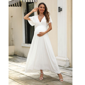 Robe de maternité en promotion : Nouvelle robe blanche élégante à col en V et manches courtes <span class=keywords><strong>pour</strong></span> <span class=keywords><strong>femme</strong></span> <span class=keywords><strong>enceinte</strong></span>, idéale <span class=keywords><strong>pour</strong></span> l'été et comme robe de mariée. - Product Image 3