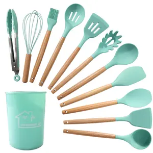 Outils de cuisine en gros, poignées en bois, ensembles d'ustensiles de cuisine en silicone