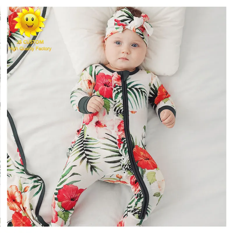 Barboteuse en bambou pour bébé fille, imprimé fleur, fermeture éclair, impression numérique, vêtements pour nouveau-né, ropa de baby clothing, 6983