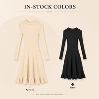 Robe longue côtelée pour femme, col rond, manches longues, coupe ajustée, style décontracté chic, ourlet à volants, vente en gros OEM ODM, collection automne