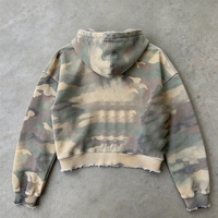 Sweat à capuche zippé vintage en molleton français pour homme, coupe oversize, imprimé personnalisé motif léopard camouflage, effet délavé et vieilli