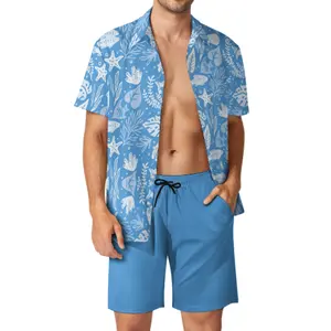 Toptan özel baskı erkek yaz plaj kısa kollu düğme yukarı üst ve şortlar erkek setleri ile setleri