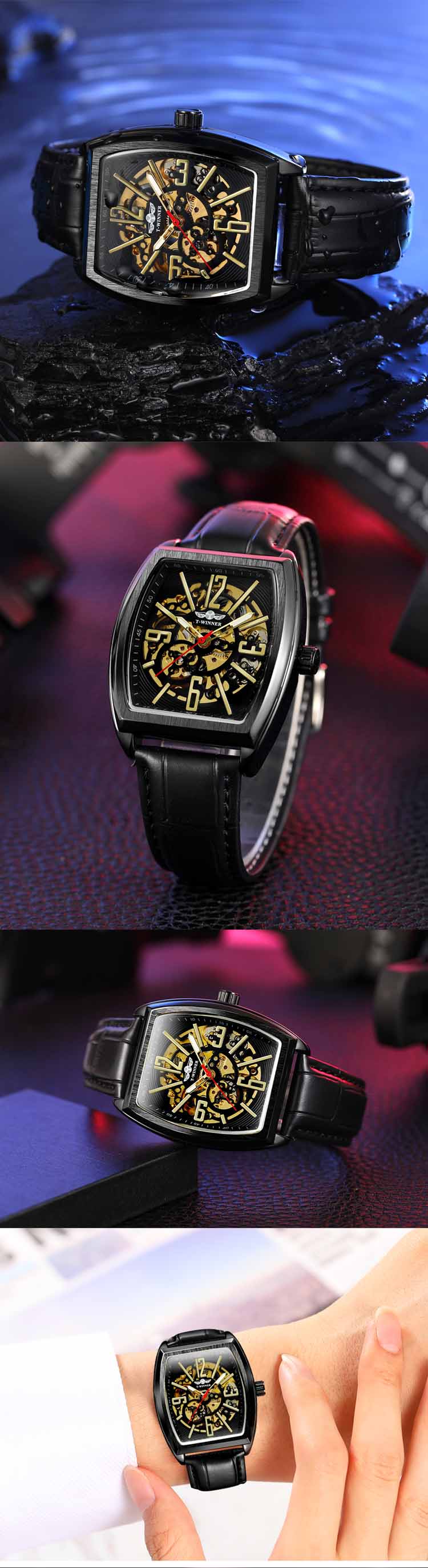 WINNER 8199 президентские черные мужские механические часы с красивым ремешком из искусственной кожи Квадратные лучшие компактные электрические часы в комплекте