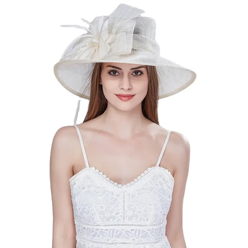 2022新しいファッションを出荷する準備ができて女性の太陽の広いつばケンタッキーダービーsinamay教会の帽子メッシュの羽が付いている白いパーティーの帽子