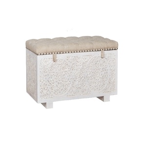 Hand-Carved Storage Ottoman Bench -Tufted Fabric Top Bed- End Chest- White Washed Solid Wood Entryway Trunk - Shabby Chic Carved - Product Image 6