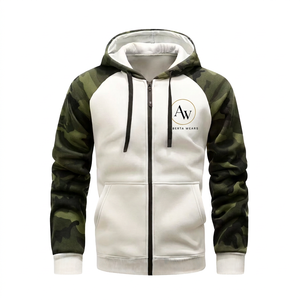 Men's Camouflage Sleeve <b>Zip</b>-<b>Up</b> Hoodie Regular Fit Casual Fleece Sweatshirt <b>White</b> Body Raglan Sleeve Winter Wear 100% Cotton - Product Image 2
