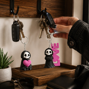 Nouveau produit imprimé en 3D très populaire : Porte-clés en forme de cœur de Grim Reaper mignon version Q, jouet d'Halloween - Product Image 2