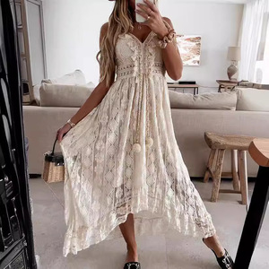 Nuova estate europea americana in pizzo <span class=keywords><strong>con</strong></span> grande Swing abito in Chiffon lungo fino al pavimento di colore puro <span class=keywords><strong>con</strong></span> Logo stile Casual sul <span class=keywords><strong>davanti</strong></span> - Product Image 2