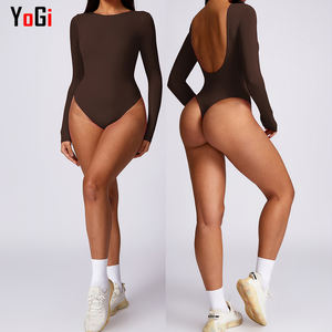 Kadın uzun kollu açık geri Bodysuit Tops Control wear heykel düz açık kasık Yoga spor tulum ile kontrol külot - Product Image 3