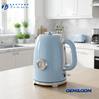 Bouilloire électrique sans fil vintage bleu clair 1,7 L en acier inoxydable avec élément chauffant dissimulé et niveau d'eau transparent, idéale pour l'hôtellerie
