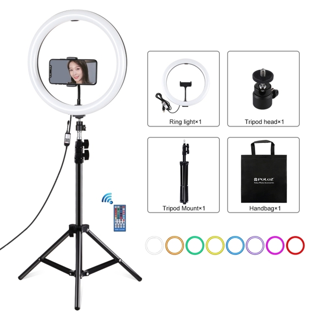 PULUZ 11.8" RGBW LED Ring Light with Tripod, Phone Clamp & Remote, Dimmable Dual-Color Video Light for Live Streaming/Vlogging