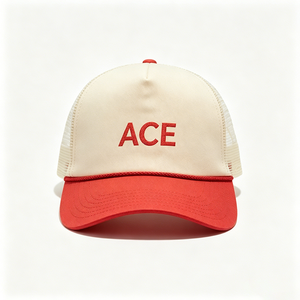 Casquette unisexe en toile 5 panneaux personnalisée avec broderie ACE, bicolore crème et rouge, dos en maille respirante et mousse, pour streetwear et activités de plein air - Product Image 3
