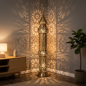 Lampe sur pied marocaine artisanale en métal ajouré – Lanterne décorative traditionnelle cylindrique ajourée - Product Image 3