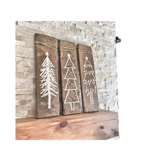 Juego de 3 carteles de árbol de Navidad de madera blanca rústica decoración de granja con técnica de pino pulido - Product Image 1