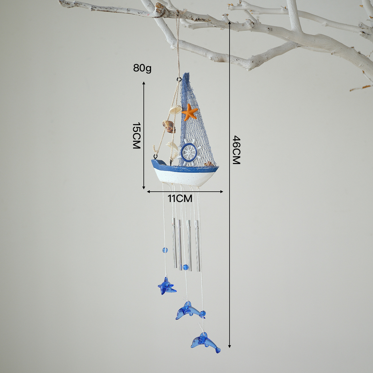 Blue and white wind chime ship wheel design