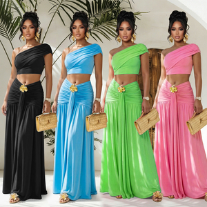 Conjunto de Verão 2026: Top Cropped de Um Ombro e Saia Maxi Franzida para Mulheres - Product Image 1