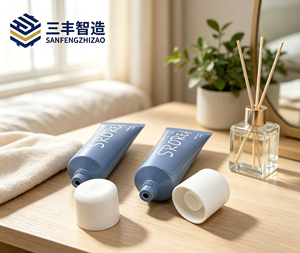 Tube cosmétique bleu à presser avec capuchon blanc pour crème pour les mains - Product Image 4